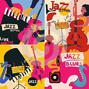 Set of music cards and banners. Music cards with instruments flat vector illustration. Jazz music festival banners. Colorful jaz