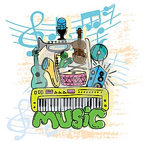Set of music doodle color vector