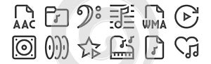 Set of 12 music icons. outline thin line icons such as favourite, piano, cd, wma, bass clef, music folder photo