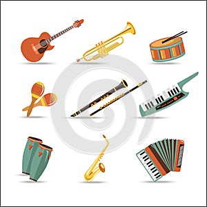 Set of music instruments. Flat style design
