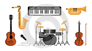 Set of music instruments. Piano, drum, guitar, mic