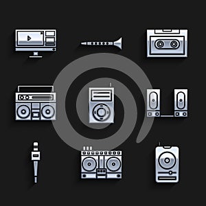 Set Music MP3 player, Stereo speaker, Microphone, Home stereo with two speakers, Retro audio cassette tape and Video