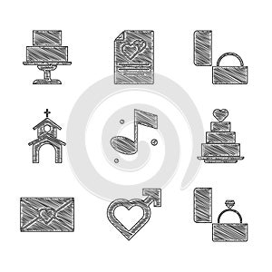 Set Music note, Heart with male gender, Diamond engagement ring, Wedding cake heart, Envelope Valentine, Church building