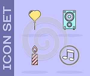 Set Music note, tone, Balloon in form of heart, Birthday cake candles and Stereo speaker icon. Vector