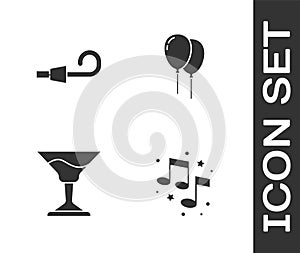 Set Music note, tone, Birthday party horn, Cocktail and Balloons with ribbon icon. Vector