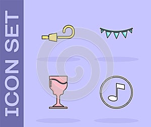Set Music note, tone, Birthday party horn, Wine glass and Carnival garland with flags icon. Vector