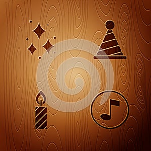 Set Music note, tone, Firework, Birthday cake candles and Party hat on wooden background. Vector