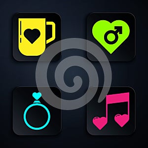 Set Music note, tone with hearts, Coffee cup and heart, Wedding rings and Heart with male gender. Black square button