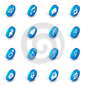 Set Music note, tone with hearts, Laptop, Shopping bag, Heart, Male gender symbol, Smartphone speech bubble and Gender