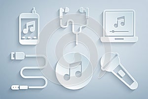 Set Music note, tone, Laptop with music, Audio jack, Microphone, Air headphones and player icon. Vector