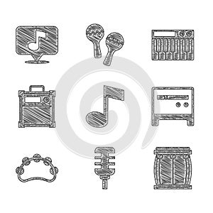 Set Music note, tone, Microphone, Drum, Guitar amplifier, Tambourine, synthesizer and Musical icon. Vector