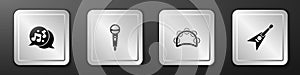 Set Music note, tone, Microphone, Tambourine and Electric bass guitar icon. Silver square button. Vector
