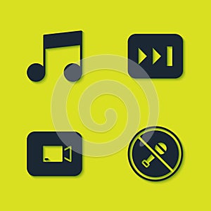 Set Music note, tone, Mute microphone, Play video button and Fast forward icon. Vector