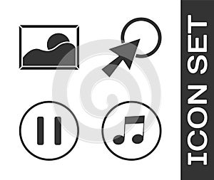 Set Music note, tone, Picture landscape, Pause button and Arrow cursor icon. Vector