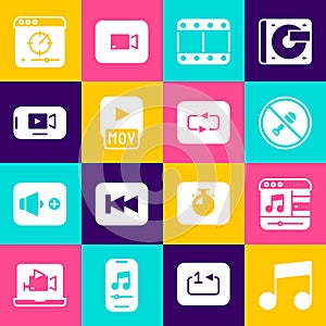 Set Music note, tone, player, Mute microphone, Play video, MOV file, Online, and Repeat button icon. Vector