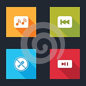 Set Music note, tone, Rewind button, Mute microphone and Pause icon. Vector