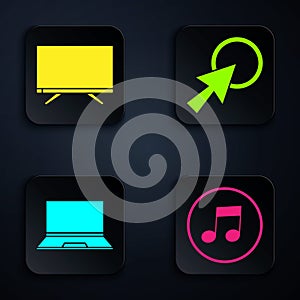 Set Music note, tone, Smart Tv, Laptop and Arrow cursor. Black square button. Vector