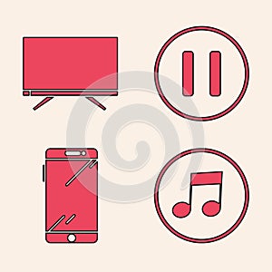 Set Music note, tone, Smart Tv, Pause button and Smartphone, mobile phone icon. Vector