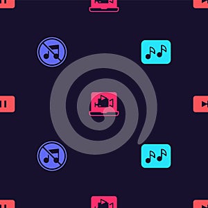 Set Music note, tone, Speaker mute, Online play video and Pause button on seamless pattern. Vector
