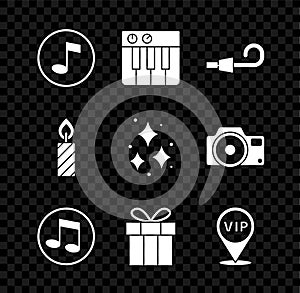 Set Music note, tone, synthesizer, Birthday party horn, Gift box, Location Vip, cake candles and Firework icon. Vector