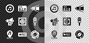 Set Music note, tone, synthesizer, Movie spotlight, Record button, Vinyl disk, Speaker mute and LSD acid mark icon
