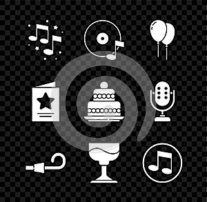 Set Music note, tone, Vinyl disk, Balloons with ribbon, Birthday party horn, Cocktail, Greeting card and Cake icon