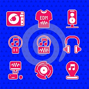 Set Music note, tone, Vinyl disk, Headphones, recording studio, Pause button, Stereo speaker and player with vinyl icon