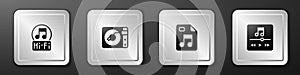 Set Music note, tone, Vinyl player with vinyl disk, MP3 file document and icon. Silver square button. Vector