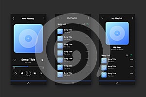 Set of music player app for mobile phones. Music player app interface.