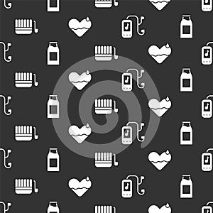 Set Music player, Bottle with milk, Sauna bucket and ladle and Heart heal on seamless pattern. Vector