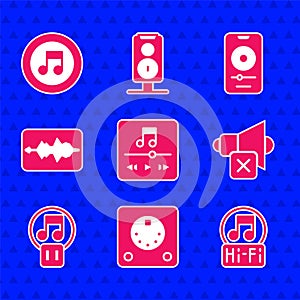 Set Music player, Drum machine, note, tone, Speaker mute, Pause button, wave equalizer, and icon. Vector