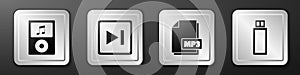 Set Music player, Fast forward, MP3 file document and USB flash drive icon. Silver square button. Vector.