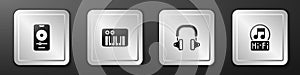 Set Music player, synthesizer, Headphones and note, tone icon. Silver square button. Vector