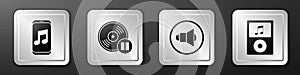 Set Music player, Vinyl disk, Speaker volume and Music player icon. Silver square button. Vector