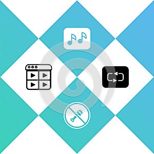 Set Music playlist, Mute microphone, note, tone and Repeat button icon. Vector