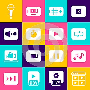 Set Music playlist, note, tone, Repeat button, Selfie mobile, Stopwatch, Speaker mute, Microphone and Play icon. Vector
