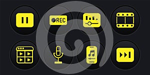 Set Music playlist, Play video, Microphone, player, equalizer, Record button, Fast forward and Pause icon. Vector