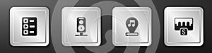 Set Music playlist, Stereo speaker, note, tone and wave equalizer icon. Silver square button. Vector