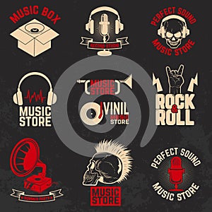 Set of music store labels on grunge background. Design element f