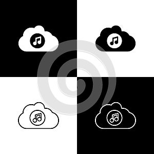 Set Music streaming service icon isolated on black and white background. Sound cloud computing, online media streaming