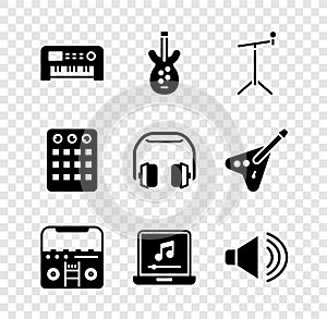 Set Music synthesizer, Electric bass guitar, Microphone with stand, Home stereo speakers, Laptop music note, Speaker