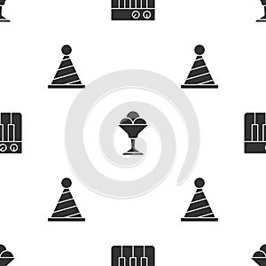 Set Music synthesizer, Ice cream in bowl and Party hat on seamless pattern. Vector