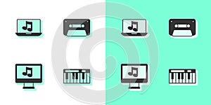 Set Music synthesizer, Laptop with music, Computer note and Retro audio cassette tape icon. Vector