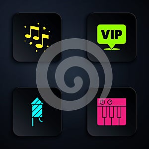 Set Music synthesizer, note, tone, Firework rocket and Location Vip. Black square button. Vector