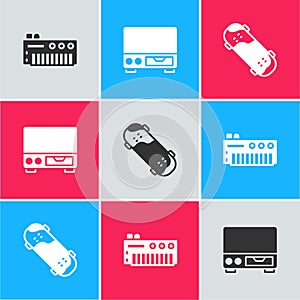 Set Music synthesizer, Old video cassette player and Skateboard trick icon. Vector