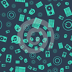 Set Music synthesizer, Stereo speaker, Musical note in speech bubble and Power button on seamless pattern. Vector