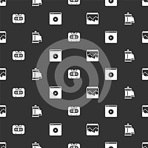 Set Music wave equalizer, Camera roll cartridge, Retro audio cassette tape and Online play video on seamless pattern