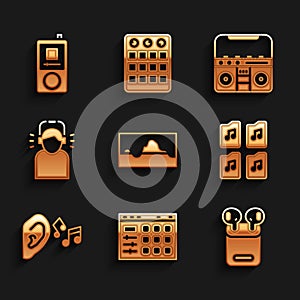 Set Music wave equalizer, Drum machine, Air headphones box, file document, Ear listen sound signal, Man, Home stereo