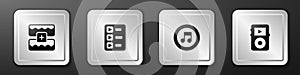 Set Music wave equalizer, playlist, note, tone and player icon. Silver square button. Vector
