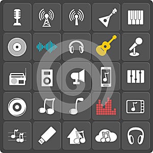 Set of 25 music web and mobile icons. Vector.